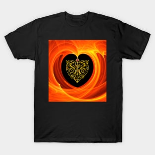 GOLD CELTIC KNOT HEART, LIZARDS IN BLACK ORANGE YELLOW FRACTAL WAVES T-Shirt